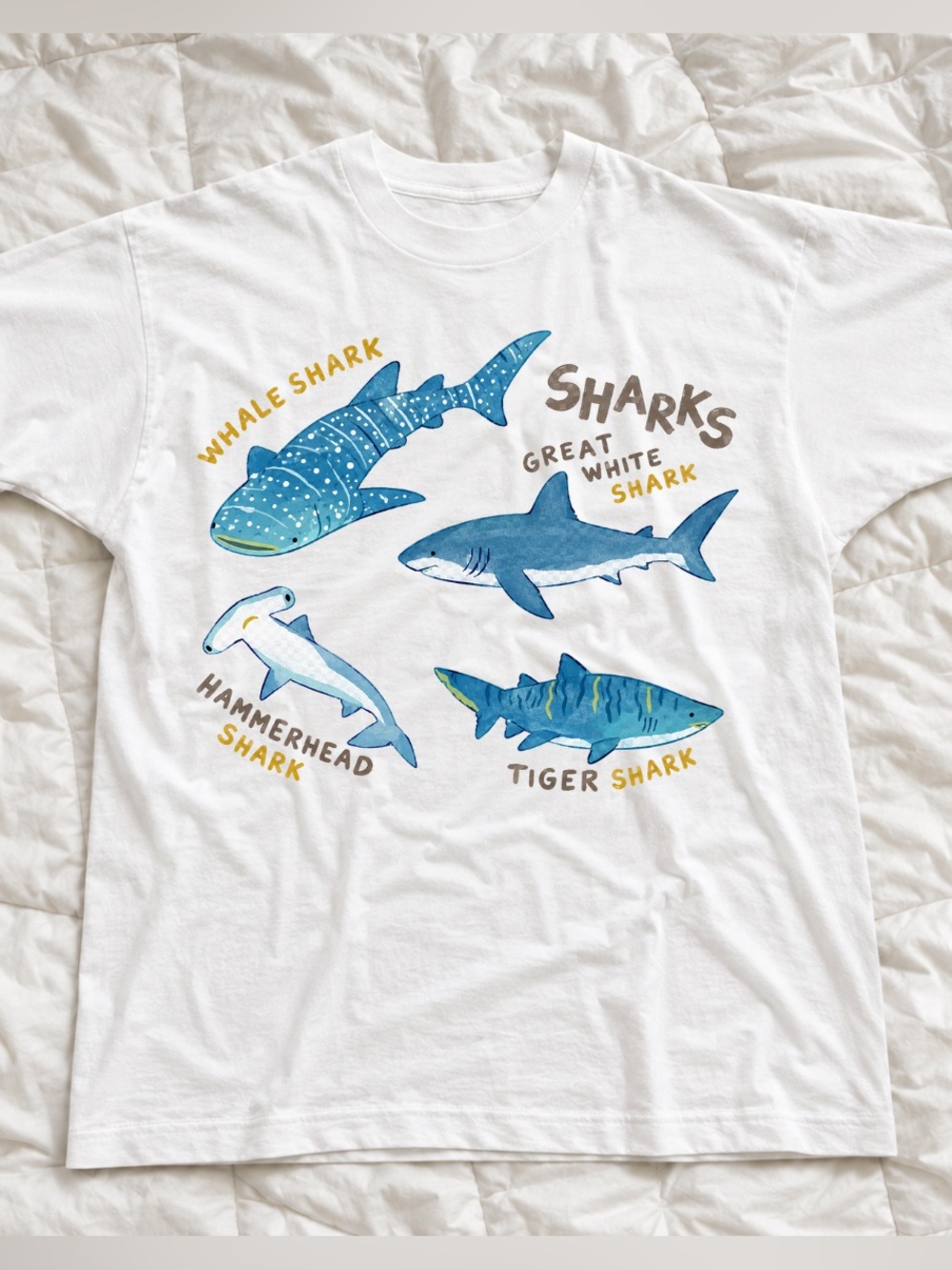 Gildan White Shark Illustration Tee with Blue Sharks